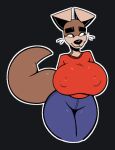  anthro big_breasts bottomwear breasts canid canine canis clothing domestic_dog female floppy_ears kom_(komdog) komdog looking_aside mammal nipple_outline pants shirt smile solo standing topwear 
