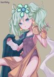  1girl alternate_hairstyle armor breasts cape earrings final_fantasy final_fantasy_iv green_eyes green_hair hair_ornament highres jewelry leotard long_hair looking_at_viewer open_mouth puddinghomhom rydia_(ff4) shoulder_armor simple_background small_breasts solo star_(symbol) star_earrings twintails 