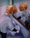  1boy black_pants black_undershirt broken_mirror commentary crack english_commentary faceless faceless_male feet_out_of_frame highres mirror orange_hair pants project_sekai reflection revision shinonome_akito shirt short_hair sink solo standing tile_floor tiles touyaluvrr white_shirt 
