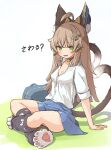  1girl :3 :d alternate_costume animal_ear_fluff animal_ears animal_hands arm_support bag black_socks blue_skirt brown_hair cat_ears cat_feet cat_girl cat_paws cat_tail collared_shirt commentary_request contemporary genshin_impact green_eyes hair_between_eyes hair_ornament hairclip highres indian_style kirara_(genshin_impact) kneehighs kyaong long_hair looking_at_viewer multiple_tails nekomata pleated_skirt school_bag school_uniform shirt short_sleeves sidelocks simple_background sitting skirt smile socks solo tail translation_request two_tails white_shirt x_hair_ornament 