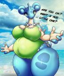  4_fingers anthro beach belly big_breasts blue_body breasts clothing cloud digital_drawing_(artwork) digital_media_(artwork) ear_piercing ear_ring eyelashes female fingers gem generation_1_pokemon green_eyes green_outfit hi_res jewelry lapras mega_stone multicolored_body necklace nintendo overweight pearl_(gem) pearl_necklace piercing pokemon pokemon_(species) ring_piercing sea seaside shell sky solo swimwear tail text thick_thighs water z_dragon 