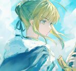  1girl ahoge artoria_pendragon_(fate) blonde_hair blue_cape blue_ribbon blue_sky braid braided_bun cape closed_mouth cloud cloudy_sky commentary_request day excalibur_(fate/stay_night) fate/stay_night fate_(series) french_braid from_side fur-trimmed_cape fur_trim green_eyes hair_bun hair_ribbon highres holding hood long_sleeves nigiri profile ribbon saber short_hair sidelocks single_hair_bun sky solo upper_body weapon 