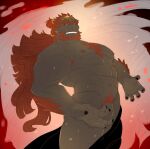  1boy abs absurdres arm_hair armlet bara beard black_nails body_fur chest_hair colored_skin convenient_arm diamondwerewolf facial_hair feet_out_of_frame flaccid forked_eyebrows ganondorf green_skin highres huge_eyebrows large_hands large_pectorals leaning_back long_hair male_focus male_pubic_hair mature_male muscular muscular_male navel navel_hair nipples official_alternate_costume orange_hair pectorals penis penis_peek pubic_hair solo stomach tattoo the_legend_of_zelda the_legend_of_zelda:_tears_of_the_kingdom thick_eyebrows thick_thighs thighs topless_male veins veiny_arms 
