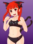  1girl :d animal_ear_fluff animal_ears bikini black_bikini black_bow bow braid cat_ears cat_girl cat_tail clenched_hands commentary_request cowboy_shot extra_ears fangs gradient_background hair_bow jouzou kaenbyou_rin looking_at_viewer medium_hair multiple_tails navel nekomata open_mouth purple_background red_eyes red_hair side_braids smile solo swimsuit tail touhou twin_braids two_tails 