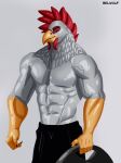  2023 abs absurd_res anthro artist_name avian beak belwulf biceps bird bottomwear chicken clothed clothing digital_media_(artwork) eyebrows feathers galliform gallus_(genus) grey_background hi_res male muscular muscular_anthro muscular_male navel pants pecs phasianid pose red_eyes simple_background smile solo topless vein veiny_muscles were wereavian werebird werechicken white_body white_feathers yellow_beak 