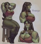  1girl abs absurdres arms_behind_head artist_name black_footwear blush boots breasts brown_hair brown_pants character_name cleavage colored_skin commentary english_commentary female_orc from_side green_skin highres jewelry large_breasts long_hair looking_at_viewer m4rjinn multiple_views muscular muscular_female necklace orc original pants pointy_ears profile red_eyes simple_background sitting sleeveless stool tooth_necklace tusks watermark 