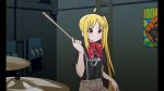  1girl absurdres ahoge black_shirt blonde_hair bocchi_the_rock! bow bowtie brown_pants check_commentary commentary_request cymbals detached_ahoge drumsticks goumonsha highres holding holding_drumsticks ijichi_nijika instrument long_hair pants poster_(object) red_bow red_eyes shirt short_sleeves side_ponytail solo suspenders 