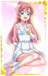  1girl :d bow commentary dated dress green_eyes hair_bun hanzou highres hirogaru_sky!_precure index_finger_raised long_hair looking_at_viewer nijigaoka_mashiro open_mouth pink_footwear pink_hair precure sailor_collar shoes short_dress short_sleeves sitting smile socks twitter_username white_bow white_dress white_sailor_collar white_socks yokozuwari 