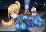  1boy 1girl absurdres bdsm blonde_hair blue_bodysuit blue_eyes bodysuit bondage bound breasts commission glaring haimei1980 highres looking_at_viewer metroid metroid_(classic) mole mole_under_mouth pixiv_commission ponytail restrained samus_aran shibari stirrup_legwear toeless_legwear 