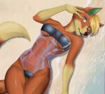  animal_crossing anthro audie_(animal_crossing) beach breasts canid canine canis clothing female gris_swimsuit lying mammal meme meme_clothing nintendo nipple_outline on_back one-piece_swimsuit seaside shiny_peacock solo swimwear translucent translucent_clothing translucent_swimwear wolf 