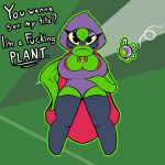  big_breasts breasts cape clothing electronic_arts elemental_creature female flora_fauna green_body green_shadow holding_breast humanoid legwear looking_at_viewer nixiy peashooter_(pvz) plant plants_vs._zombies plants_vs._zombies_heroes popcap_games purple_clothing purple_mask solo 