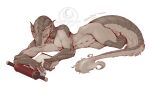  anthro claws female fluffy fluffy_tail hi_res kredri lizard lying nude reading reptile scalie scroll simple_background solo tail 