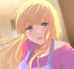  1girl alternate_costume apron blonde_hair blue_eyes blush long_hair miton_(ton321) open_mouth pink_sweater purple_apron rance_(series) rizna_lanfebit solo sweater 