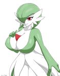  big_breasts breasts curvaceous curvy_figure female gardevoir generation_3_pokemon green_body green_hair grin hair hair_over_eye hi_res humanoid looking_at_viewer nintendo one_eye_obstructed pokemon pokemon_(species) red_eyes simple_background smile solo soulkibble standing thick_thighs voluptuous white_background white_body wide_hips 