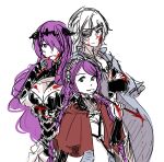  1boy 2girls ahoge alternate_hair_color braid camilla_(fire_emblem) capelet eyepatch family fire_emblem fire_emblem_fates hair_over_one_eye highres hood hood_down hooded_capelet low_twin_braids multiple_girls niles_(fire_emblem) nina_(fire_emblem) o-ring parted_bangs purple_hair twin_braids white_hair zzsleeps 