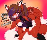  &lt;3 anthro bedroom_eyes bell bell_collar bent_over black_body black_fur brown_hair bulge canid canine choker clothing collar crop_top dialogue english_text fox fur girly gradient_background hair half-closed_eyes highlights_(coloring) inviting jewelry licking licking_lips male mammal meme moucchiato multi_tail narrowed_eyes necklace orange_body orange_fur ponytail purple_highlights seductive shirt simple_background smile smirk smug smug_face solo tail text thick_thighs thong tongue tongue_out topwear underwear until_it_snaps white_body white_fur wide_hips 