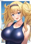  1girl blonde_hair blue_eyes blue_one-piece_swimsuit blue_sky blush border breasts cloud cloudy_sky competition_swimsuit day gambier_bay_(kancolle) gambier_bay_mk_ii_(kancolle) hair_between_eyes hairband highres kantai_collection large_breasts long_hair one-piece_swimsuit open_mouth shiromaru_(maniado) sky smile solo swimsuit teeth twintails upper_teeth_only white_border 