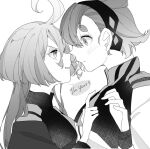  2girls ahoge ascot asticassia_school_uniform blush collared_jacket english_text eye_contact face-to-face from_side greyscale gundam gundam_suisei_no_majo hair_behind_ear hair_between_eyes hairband halftone hand_on_another&#039;s_chest jacket long_hair long_sleeves looking_at_another miorine_rembran monochrome multiple_girls parted_lips school_uniform short_hair shoulder_boards sirako suletta_mercury thick_eyebrows upper_body v-shaped_eyebrows yuri 