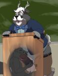  2023 anthro balls black_body black_nose bottomwear bow_tie bravo canid canine cervine clothing deer duo erection eyewear genitals glasses hi_res lectern male mammal mature_male oral overweight overweight_male pants penis 