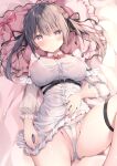  1girl bed_sheet blush braid breasts brown_hair clothes_lift collared_dress commentary_request covered_nipples dress dress_lift hair_ornament highres large_breasts long_hair long_sleeves looking_at_viewer lying on_back original panties parted_lips partially_visible_vulva pillow purple_eyes solo thigh_strap thighs underwear watagashi_yui white_dress white_panties 
