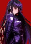  1girl black_hair cape commentary_request highres jacket limbus_company long_hair looking_at_viewer pants paulandcookie project_moon purple_cape purple_jacket purple_pants red_background red_eyes ryoshu_(limbus_company) sidelocks signature simple_background smoking solo straight_hair too_many_eyes track_jacket very_long_hair 