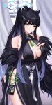  1girl absurdres animal_ears bare_shoulders black_dress black_hair blue_archive blunt_bangs breasts bridal_gauntlets cleavage closed_mouth dress feather_boa green_eyes halo high_ponytail highres large_breasts long_hair looking_at_viewer nyanbutter shun_(blue_archive) side_slit smile solo tassel thighs very_long_hair 