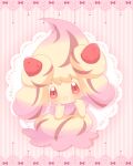  :d absurdres alcremie blush commentary_request food fruit full_body hands_up highres looking_at_viewer meru_(mer_milky77) no_humans open_mouth pokemon pokemon_(creature) red_eyes smile solo strawberry 