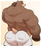 2023 absurd_res anthro back_groove back_muscles bear bear_(same22shark) belly big_muscles bottomwear broad_shoulders butt clothed clothing digital_media_(artwork) hi_res male mammal musclegut muscular muscular_male open_mouth rear_view same22shark short_tail shorts simple_background solo tail tight_bottomwear tight_clothing tight_shorts topless waking_up yawn 