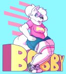  2017 anthro belly biped blue_clothing blue_eyes breasts canid canine canis clothing dogfluid domestic_dog english_text eyewear female freckles fur glasses grey_clothing hair hi_res mammal neck_tuft open_mouth pink_clothing solo tail text thick_thighs topwear tuft white_body white_clothing white_ears white_fur white_hair white_tail wide_hips yellow_clothing 