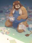  1boy absurdres animal_ears apron baking bara bare_pectorals biceps book bowl brown_fur brown_hair chest_hair cookbook egg_(food) fang fang_out flour food fruit full_body furry furry_male glasses highres holding holding_bowl holding_whisk large_pectorals lion_boy lion_tail looking_down male_focus medium_hair messy messy_room milk muscular muscular_male naked_apron nipples on_floor open_mouth original pectorals reading rectangular_eyewear scattered_books scattered_paper seamonsterping sideburns solo strawberry tail thick_thighs thighs whisk yellow_eyes 