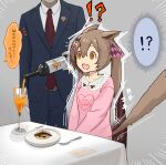  !? 1boy 1girl @_@ belt birthday blue_jacket blue_pants bottle bow breasts brown_hair chair collared_shirt emphasis_lines food fork frilled_shirt_collar frills grey_background hair_bow highres jacket kogomiza long_hair long_sleeves necktie notice_lines open_mouth pants pink_shirt plate red_necktie shirt sitting small_breasts smart_falcon_(umamusume) solo_focus speech_bubble stiff_ta sweat sweating_profusely table translation_request trembling twintails umamusume v_arms wavy_mouth 