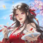 artist_request bare_shoulders beads blue_eyes blue_sky brown_hair cake chest_cutout china_dress chinese_clothes dress facial_mark food food_on_face forehead_mark glint hair_beads hair_ornament holding holding_plate holding_spoon huo_linger_(wanmei_shijie) long_hair open_mouth plate second-party_source sky smile spoon teeth two-tone_dress upper_teeth_only wanmei_shijie 