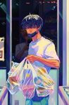  2boys bag black_eyes black_hair carrying_bag estereggz food haikyuu!! highres hinata_shouyou indoors kageyama_tobio looking_at_viewer male_focus mask mouth_mask multiple_boys plastic_bag reflection shirt shopping short_hair taking_picture upper_body white_shirt 