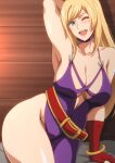  1girl armpits belt blonde_hair blue_eyes bracelet breasts choker dress fatal_fury garou:_mark_of_the_wolves hara_(harayutaka) highres jenet_behrn jewelry large_breasts long_hair one_eye_closed open_mouth 