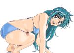  1girl :d all_fours ass bare_arms bare_legs bare_shoulders barefoot bikini blue_bikini blue_hair breasts brown_eyes chidori_kaname full_metal_panic! hair_intakes long_hair medium_breasts mizumori_keiichi open_mouth simple_background smile solo swimsuit thighs white_background 