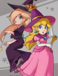  2girls back_bow blonde_hair blue_eyes bow brooch capelet crown dress earrings elbow_gloves eyelashes floating gloves hair_over_one_eye hat highres holding holding_wand jack-o&#039;-lantern_hat_ornament jewelry long_hair looking_at_viewer mario_(series) mario_kart mario_kart_tour multiple_girls official_alternate_costume pink_dress princess_peach princess_peach_(halloween) puffy_short_sleeves puffy_sleeves purple_dress purple_headwear rosalina rosalina_(halloween) sasaki_sakiko short_sleeves smile star_(symbol) star_brooch star_earrings wand white_gloves witch_hat 
