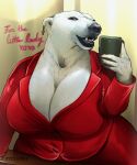  absurd_res anthro band1tnsfw bear big_breasts breasts clothing digital_drawing_(artwork) digital_media_(artwork) ear_piercing ear_ring english_text eyelashes eyeliner female female_anthro female_focus fur hi_res lipstick long_eyelashes makeup mammal mature_anthro mature_female mirror mirror_selfie natasha_vadimovna_(band1tnsfw) overweight overweight_anthro overweight_female piercing pinup polar_bear portrait pose purple_eyeliner red_clothing red_suit ring_piercing selfie smile solo suit text thick_thighs ursine white_body white_fur 