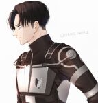  1boy bags_under_eyes black_hair black_jacket commentary_request frown grey_eyes highres jacket levi_(shingeki_no_kyojin) male_focus profile shingeki_no_kyojin sirius_0905hz solo survey_corps_(emblem) turtleneck twitter_username upper_body 