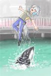  1girl alternate_costume black_footwear blowhole blue_hair blue_pants blush cetacean_tail common_bottlenose_dolphin_(kemono_friends) dolphin dolphin_girl dorsal_fin fins fish_tail grey_hair grey_shirt head_fins highres kemono_friends midair mujinamori_tamakichi multicolored_hair open_mouth pants shirt short_hair short_sleeves smile solo t-shirt tail water water_drop white_hair 