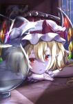  1girl blonde_hair crystal flandre_scarlet hat hat_ribbon highres looking_at_viewer mizunisabano night open_window portrait_(object) red_eyes red_nails red_ribbon reflection remilia_scarlet ribbon sitting slit_pupils touhou wall window wings wrist_cuffs 