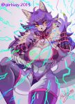  2d_(artwork) ahoge amber_eyes arm_guard arm_guards armor bangs big_breasts bikini biped bracers breasts canid canine canis chest_tuft choker claws clothed clothing colored countershade_torso countershading electricity female fluffy fluffy_tail fur gauntlets gloves green_claws hair hair_between_eyes handwear hi_res inner_ear_fluff jewelry kemono legwear lightning long_hair magic mammal micro_bikini multicolored_body multicolored_fur necklace orange_eyes prick_ears purple_background purple_bikini purple_body purple_clothing purple_fur purple_hair purple_legwear purple_stockings purple_swimwear rae_(girlsay) signature simple_background skull_accessory solo stockings swimwear syuriusuhusky tail thick_thighs tuft two_tone_body two_tone_fur white_body white_fur wolf yellow_eyes 
