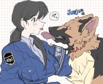  ambiguous_gender canid canine canis clothed clothing dayohiko domestic_dog duo female feral german_shepherd herding_dog hi_res human mammal pastoral_dog police_uniform tongue tongue_out uniform 