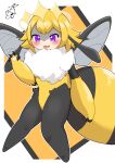  2023 4_fingers absurd_res animal_humanoid anthro arthropod arthropod_humanoid bee black_body black_fur blonde_hair blush claws cute_fangs female fingers fur hair hi_res humanoid hymenopteran insect insect_humanoid open_mouth pawpads puffy_chest puniwanko purple_eyes queen_poisonous_honeybee_(solo_farming_in_the_tower) simple_background solo solo_farming_in_the_tower tongue wave white_body white_fur wings yellow_body yellow_fur 