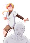  2boys absurdres bald blonde_hair brown_shirt brown_shorts clenched_hand eye_trail glowing glowing_eyes highres hitogami_(mushoku_tensei) kavajunn light_trail male_focus motion_blur multiple_boys mushoku_tensei ponytail rudeus_greyrat shirt shorts simple_background white_background white_shirt 