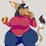 anthro asian_mythology big_breasts black_hair blush bottomwear breasts burger chinese_mythology clothed clothing denim denim_clothing duo east_asian_mythology eating female food fur geckonori hair horn jeans kirin mammal mythology obese obese_anthro obese_female open_mouth overweight overweight_anthro overweight_female pants regena_(geckonori) simple_background solo tail thick_thighs topwear 
