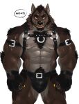  2023 abs anthro arm_tuft armband beard belt biceps black_clothing black_jockstrap black_underwear brown_body brown_fur brown_hair canid canine canis chest_tuft claws clothing corrin_(corrin619) deltoids dialogue elbow_tuft eyebrow_piercing eyebrow_stud facial_hair facial_piercing finger_claws fingerless_gloves fur gloves gold_(metal) gold_claws gold_tooth hair handwear harness hi_res jockstrap leather leather_clothing leather_underwear looking_at_viewer male mammal meocondainhan muscular muscular_anthro muscular_male muscular_thighs navel nipple_piercing nipple_stud nipples pecs piercing pubes septum simple_background solo speech_bubble tuft underwear vein veiny_muscles white_background wolf woof_(sound_effect) yellow_eyes 