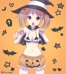  bat_(animal) bikini bikini_top_only black_bikini black_cape black_headwear breasts cape cowboy_shot cros fang hair_bobbles hair_ornament hat jack-o&#039;-lantern_print kantai_collection kujira_naoto orange_background orange_shorts pink_eyes pink_hair pumpkin_shorts sazanami_(kancolle) short_hair shorts small_breasts star_(symbol) swimsuit twintails twitter_username witch_hat 