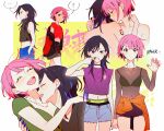  ... 2girls ? black_hair blue_nails blush closed_eyes clothes_around_waist crop_top highres holding_hands jacket jacket_around_waist jewelry kororon_(song) long_hair multicolored_hair multiple_girls multiple_views navel_piercing necklace open_mouth piercing pink_hair pink_nails red_shirt shirt short_hair shorts speech_bubble streaked_hair tikklil yuri 