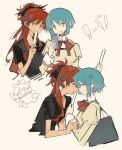  2girls absurdres anger_vein bag black_shirt blue_eyes blue_hair earphones food hair_between_eyes hair_ornament hairpin high_ponytail highres long_hair looking_at_another looking_at_phone mahou_shoujo_madoka_magica miki_sayaka mitakihara_school_uniform multiple_girls open_mouth phone popsicle red_eyes red_hair ribbon rin_lingsong sakura_kyoko school_bag school_uniform shared_earphones sharing_food shirt short_hair simple_background sketch white_background yuri 