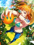  1girl belt bikini bikini_top_only blue_sky bracelet breasts cleavage cloud day denim food fruit green_bikini hat hat_behind_back holding holding_food holding_fruit jeans jewelry large_breasts long_hair moroi nami_(one_piece) one_piece orange_(fruit) orange_eyes orange_hair outdoors pants shoulder_tattoo sky solo straw_hat swimsuit tattoo 